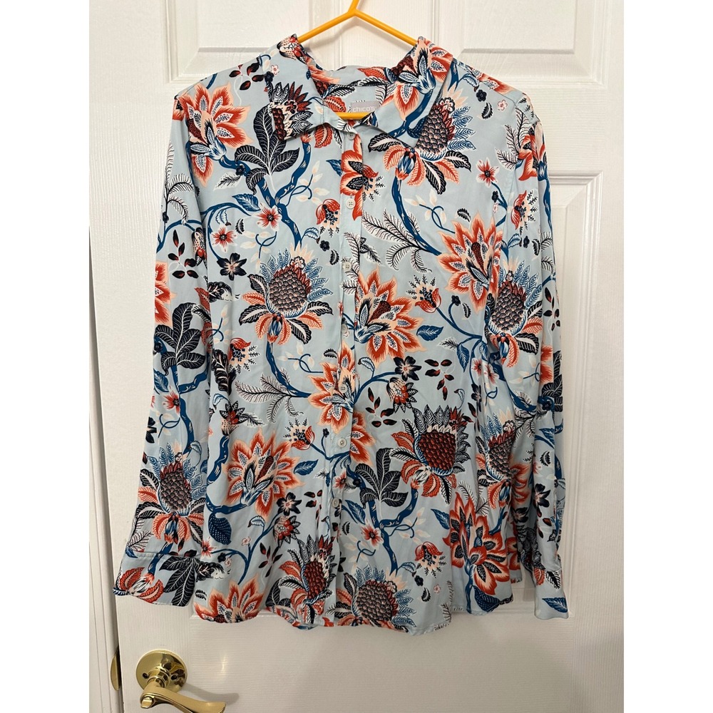 Chicos Floral Modal Button Up Blouse Light Blue Orange Long Sleeve Size 3 XL